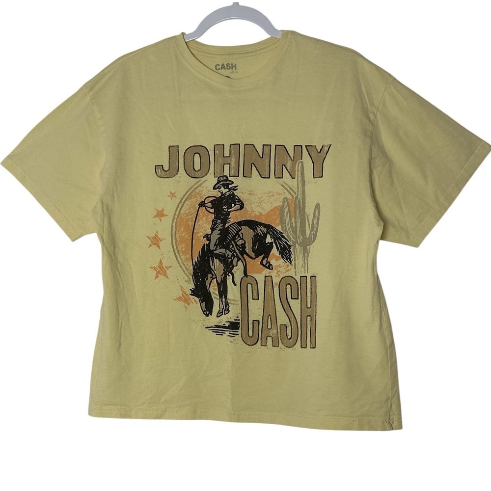 Johnny Cash T Shirt Top S /M Short Sleeve Pale Yellow Cowboy Rodeo Horse Western